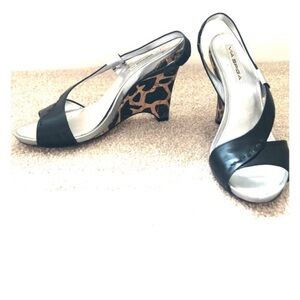 Via Spiga Black and Animal Print Wedge Sandals
